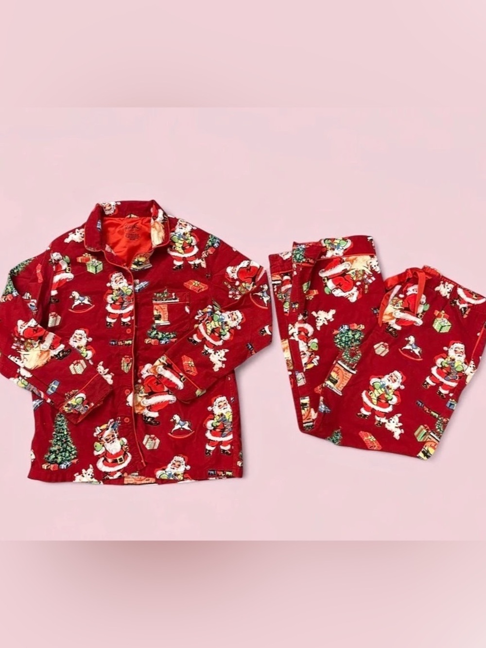Vintage Nick & Nora Red Santa Christmas Flannel Pajama Set Women’s Sz M EUC